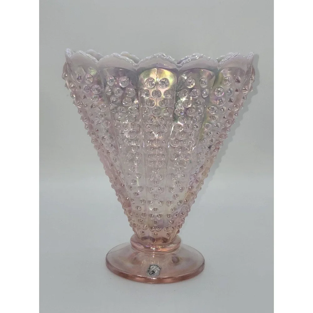 Fenton Glass 95th Anniversary Iridized Pink Opalescent Hobnail‎ Fan Vase 8
